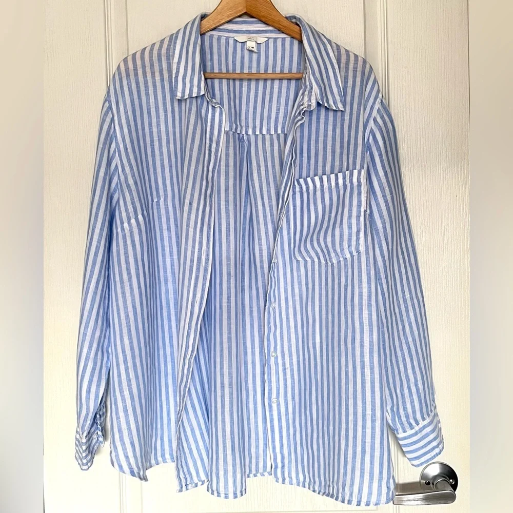 H&M 100% Linen Striped Button Down Shirt XXL Coastal Grandma Oversized Vacation - Picture 2 of 15